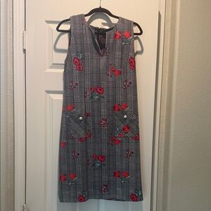 Karl Lagerfeld Black and White Houndstooth Dress with Red Floral Accents